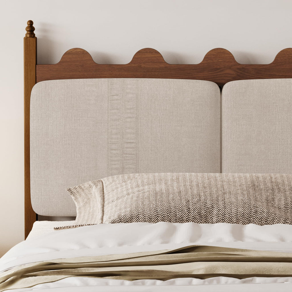 Vintage Platform Bed, Queen Bed Frame with Wave Upholstered Headboard