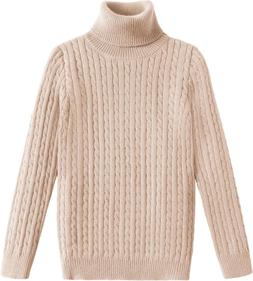 Boy's Ribbed Turtleneck Cable Knitted Sweater Slim Fit Pullover Sweater for Kids