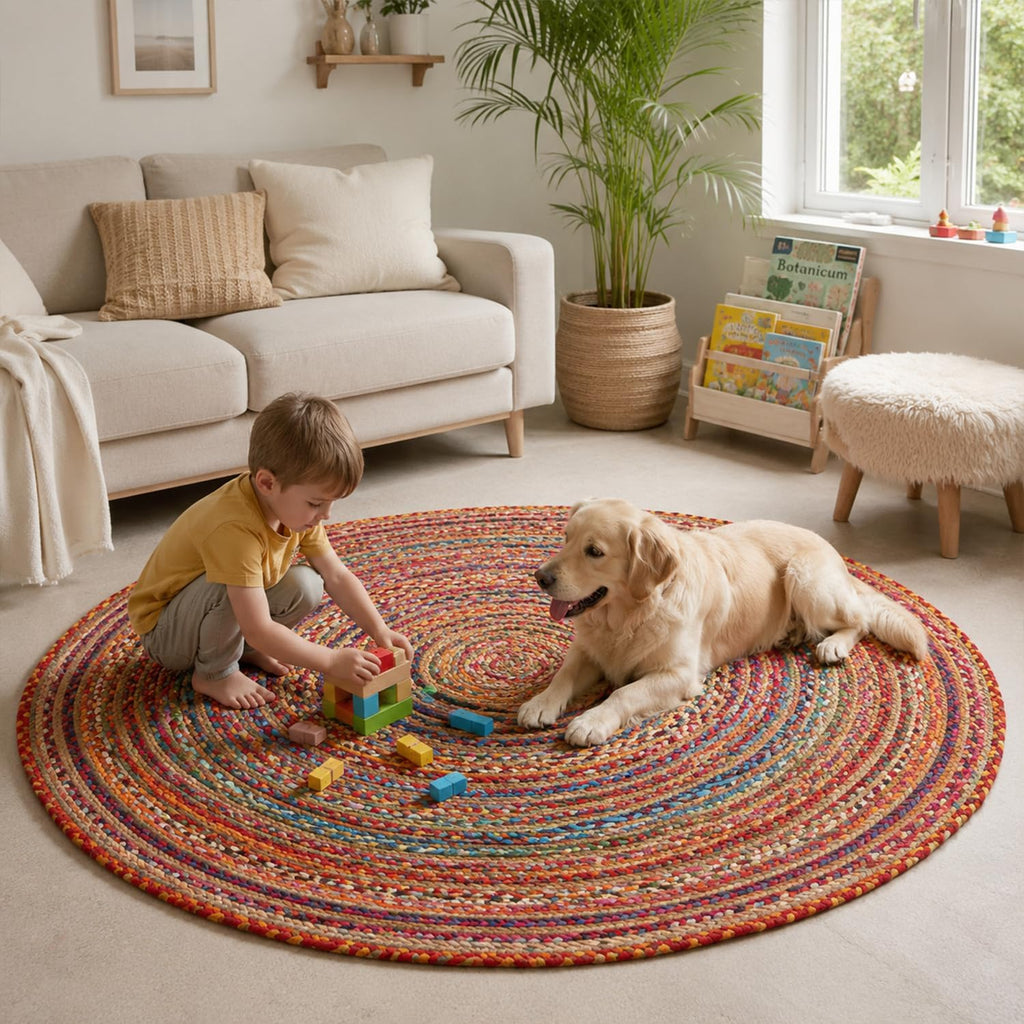 Jute Cotton Area Rug 5ft Round Natural Handwoven Colorful Boho Rug | Jute & Cotton Chindi Braided Rag Rug Multi