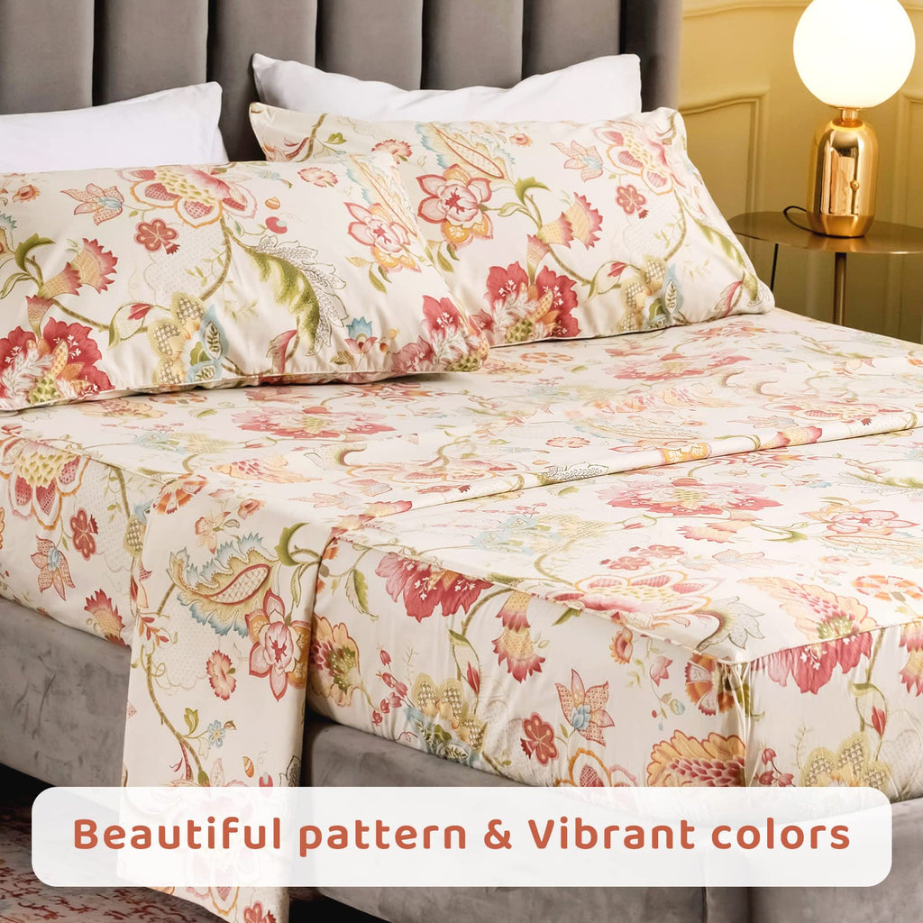 Floral Bed Sheets Set - Boho Lotus Print Bed Sheet Set - Extra Soft and Breathable 100% Egyptian Cotton