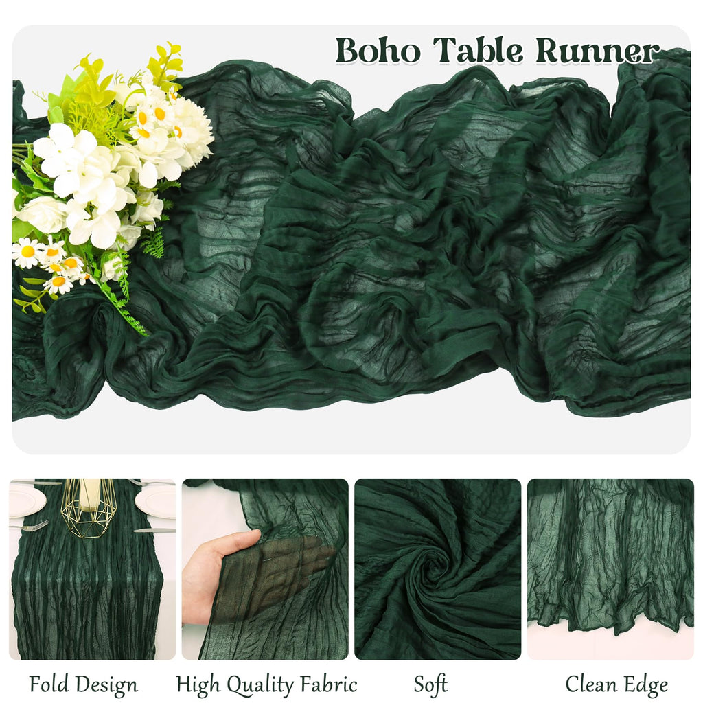 10 Pack Dark Green Cheesecloth Table Runner 10FT Boho Gauze Fabric Table Runner Vintage Rustic Sheer Runners for