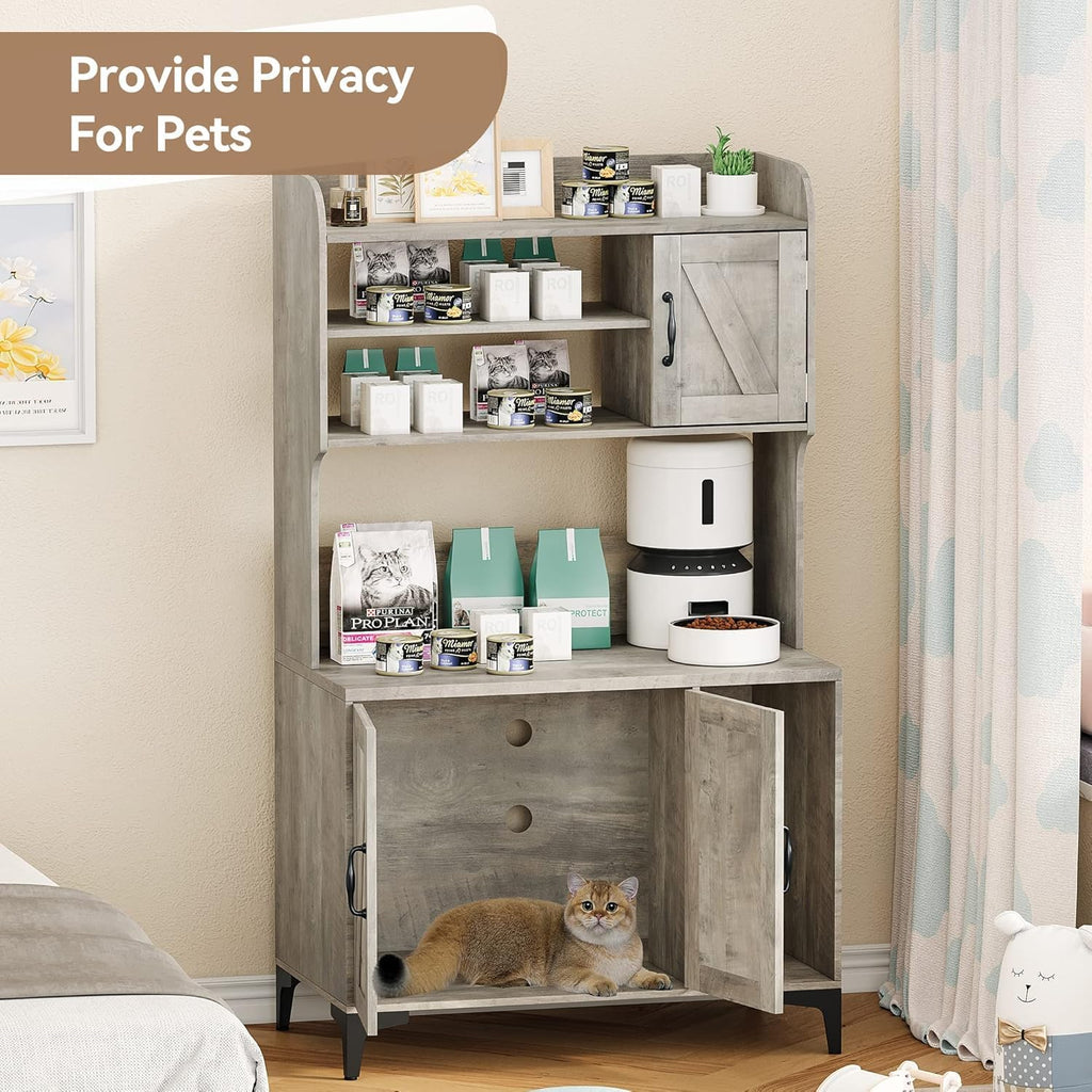 Cat Litter Box Enclosure, Large Hidden Cat Litter Box Furniture with Storage Shelves and Doors, Wooden Cat Washroom