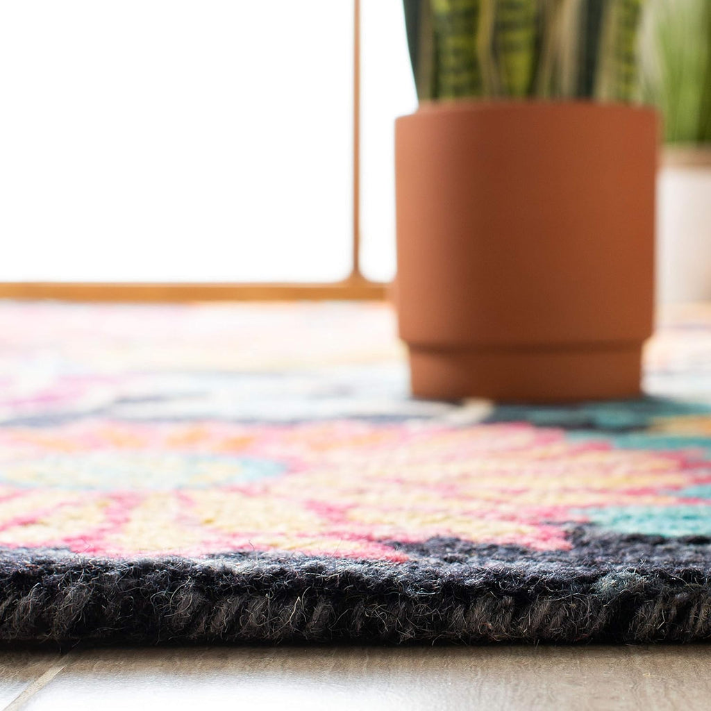 Area Rug 8x10 - Aspen - Large - Charcoal & Blue, Handmade Wool, Boho Floral Design