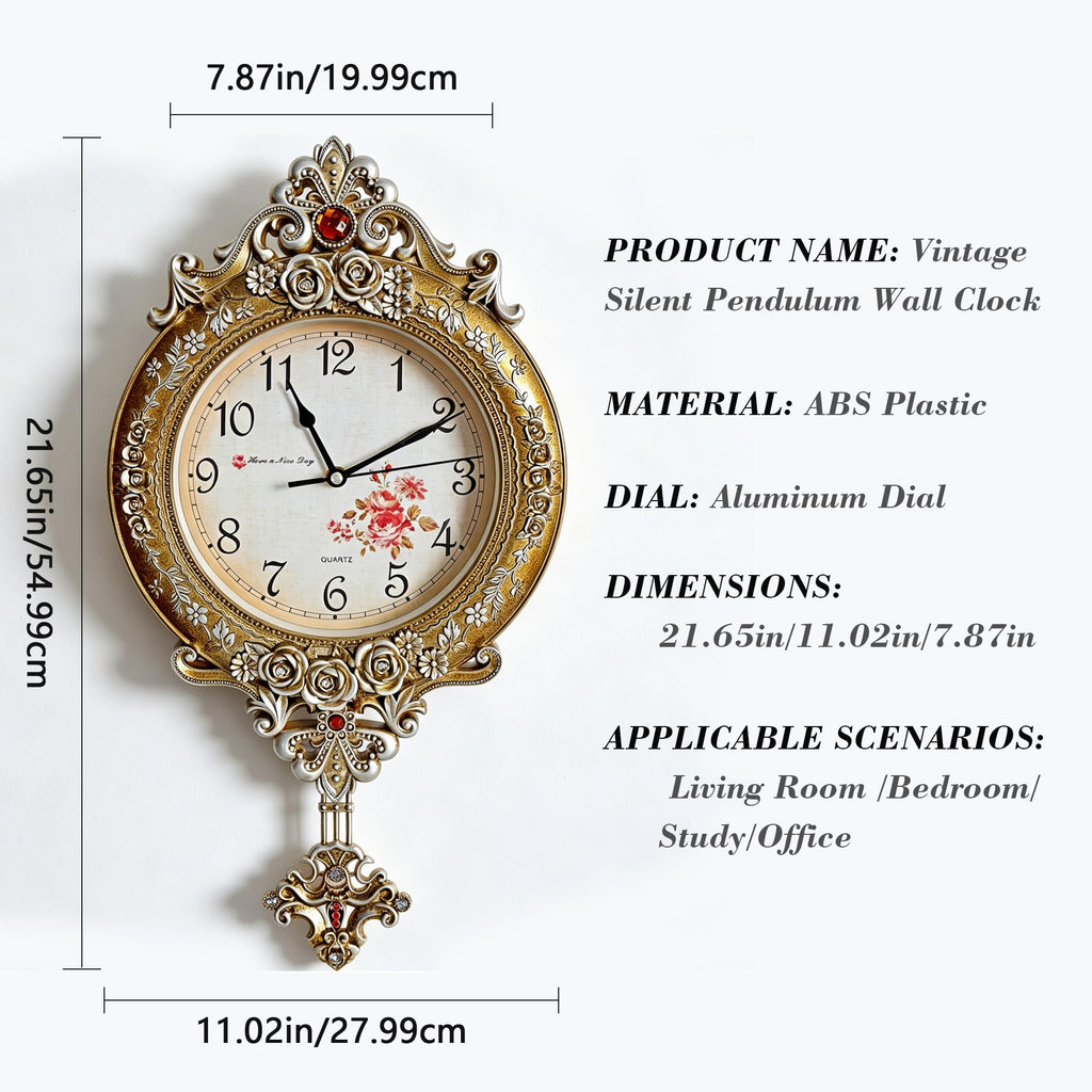 Vintage Pendulum Wall Clock Battery Operated, Non Ticking Silent Clock(Gold)