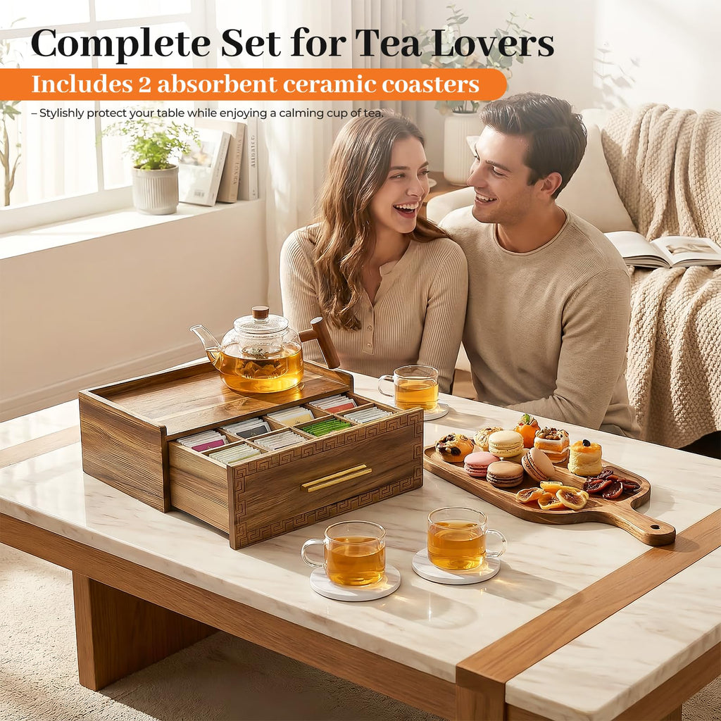 Acacia Wood Tea Bag Organizer with Storage Drawer | 8 Compartments Tea Caddy with Pattern Carving & 2 Ceramic
