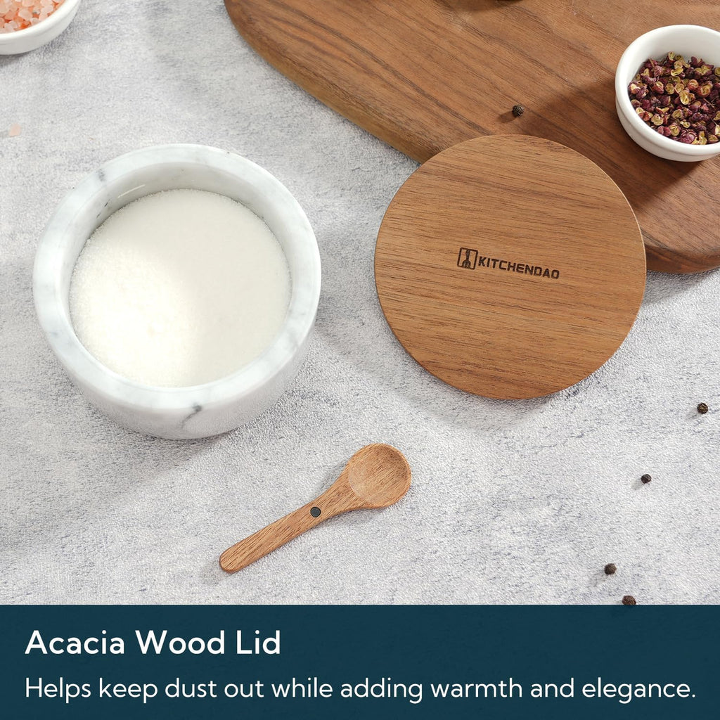 Marble Salt Cellar Box Bowl with Magnetic Built-in Spoon, Marble Salt Container with Acacia Wood Lid & Spoon, Elegant