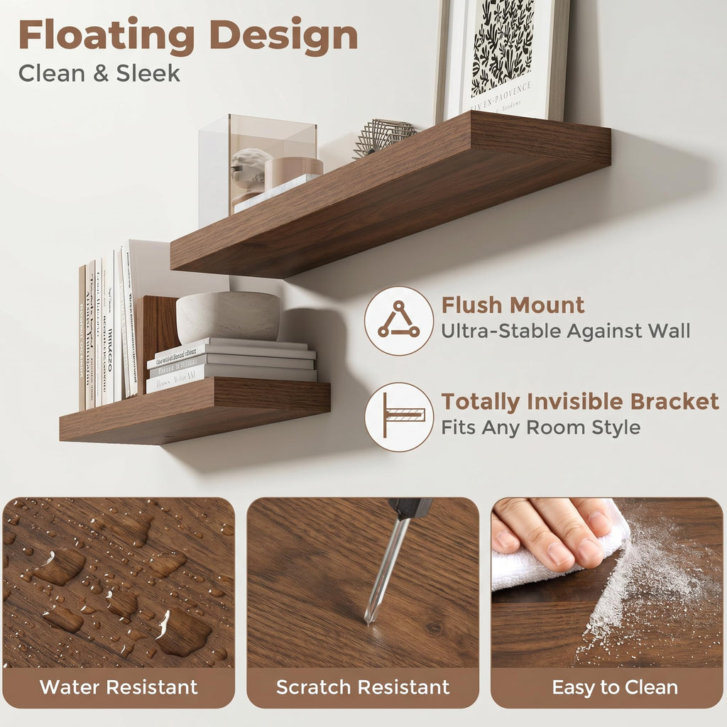 55 Inch Floating Shelves for Wall Set of 2, 6.5" D Wood Gra Shelves with Invisible Brackets, Easy Install Engineered