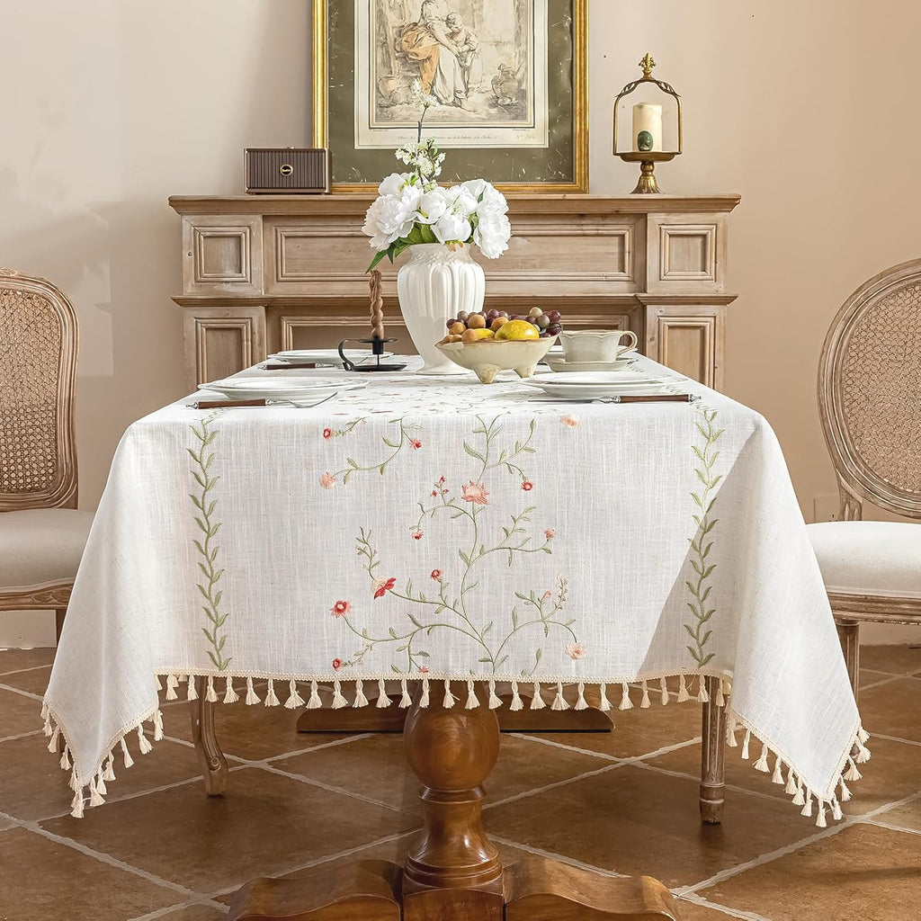 Rectangle Tablecloth 55" x 75", Pink Floral Embroidered Table Cloth with Tassels, Farmhouse Rustic L