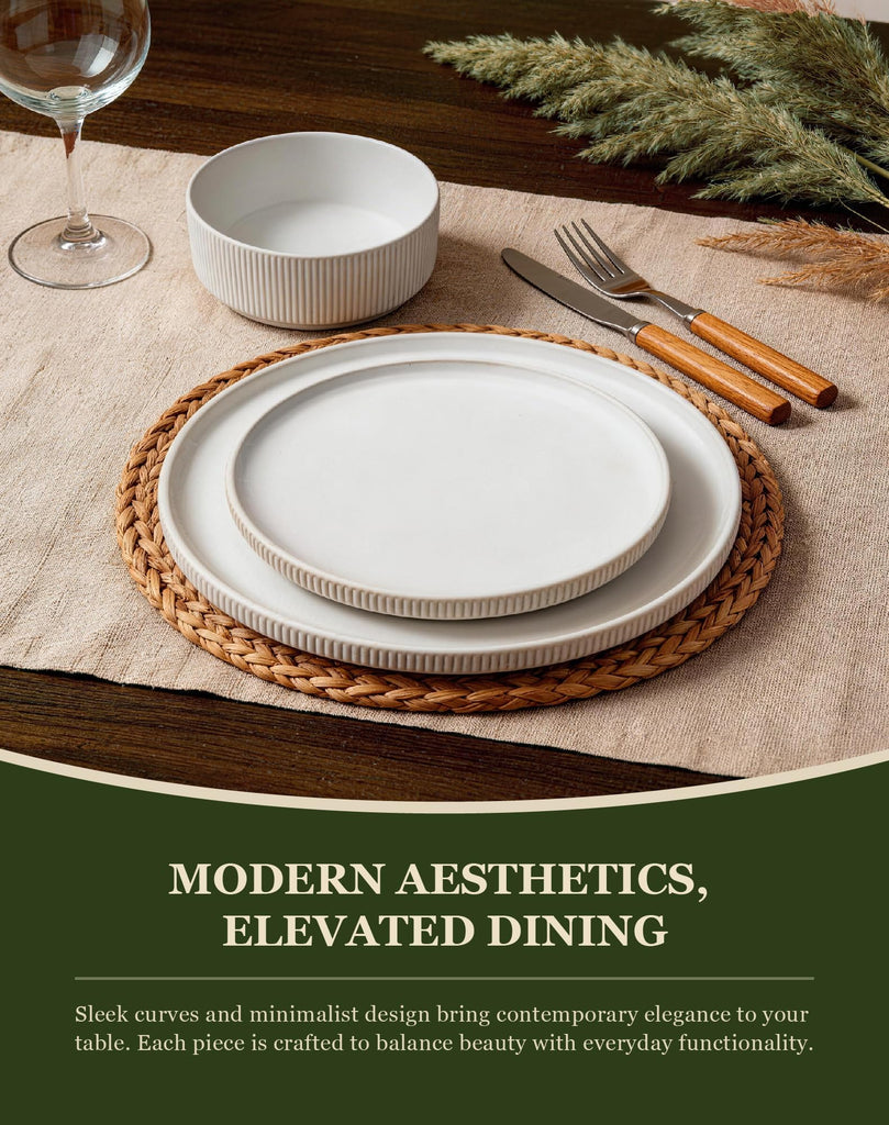 24-Piece Dinnerware Set for 6 with bowl, Ribbed Stoneware Plates and Bowls Sets, Unique Handcrafted Reactive Glaze