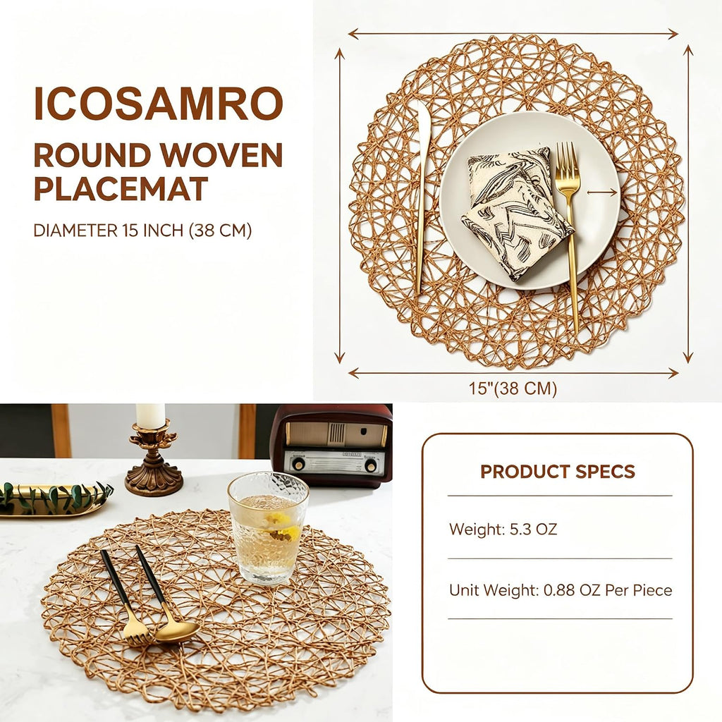 Brown Round Placemats for Dining Table, 15 Inch Paper Woven Boho Decorative Circle Place Mat for Wedding - Set of 6