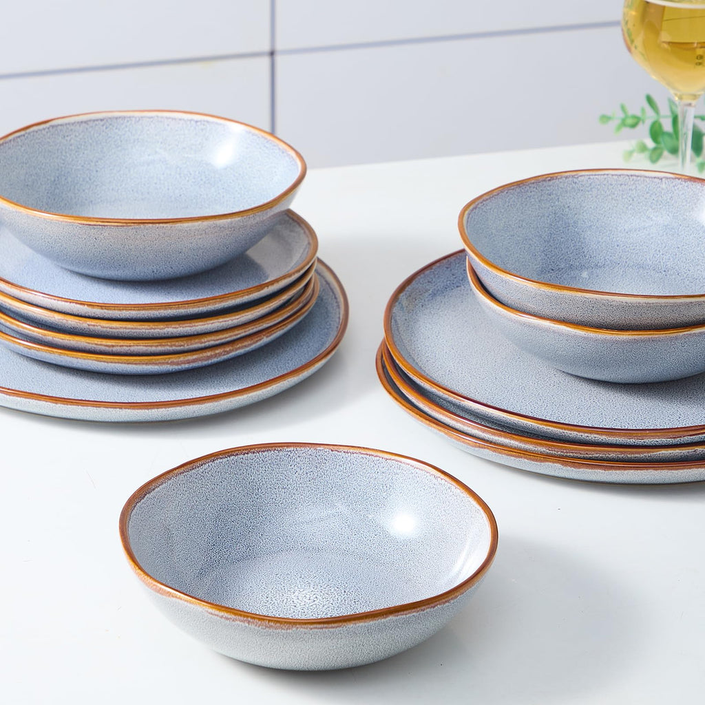 12 Pieces Round Kitchen Dinnerware Sets, Plates and Bowls Sets, Dishes, Plates, Bowls, Dish Set, Chip Resistant Ceramic