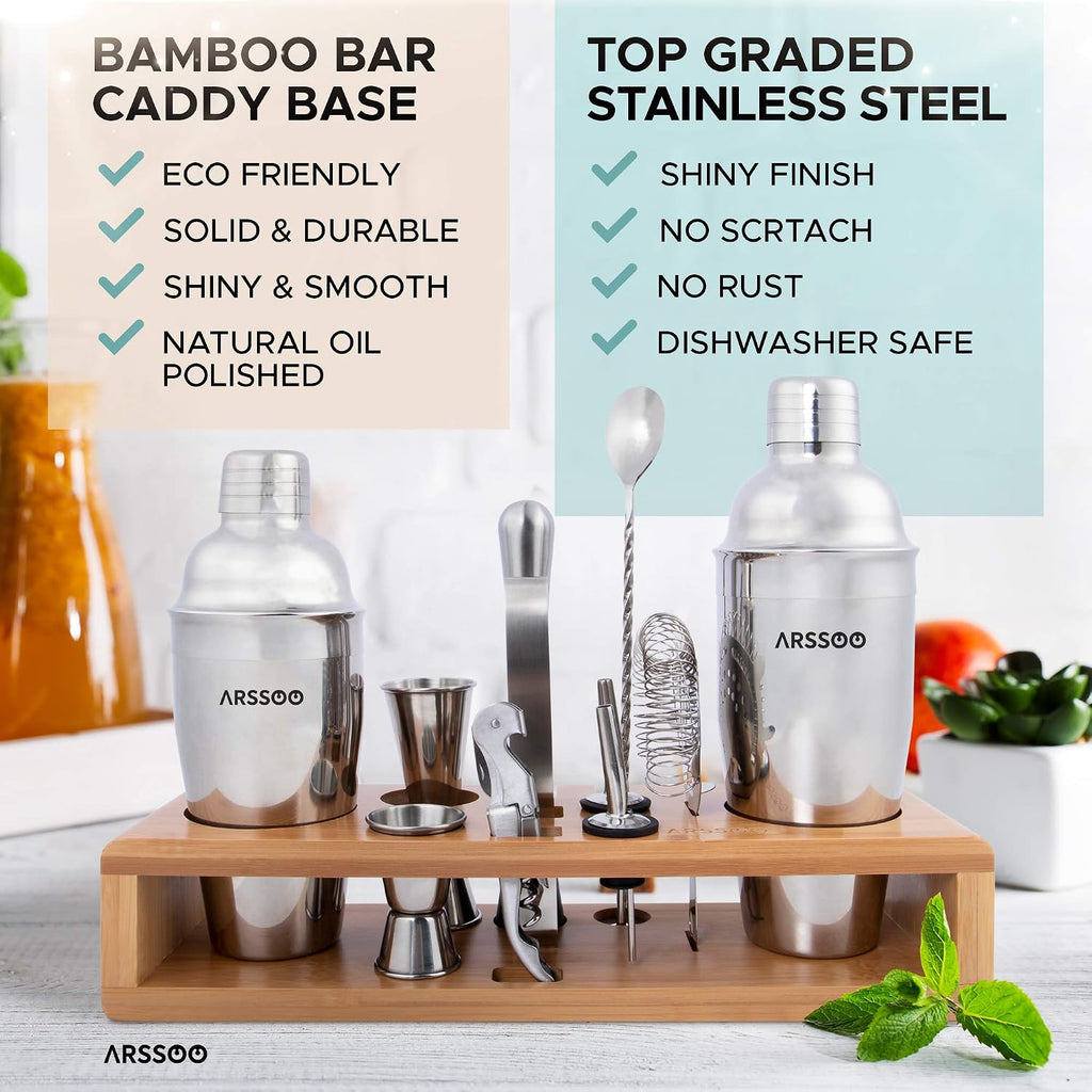 Mixology Bartender Kit 16-Piece Premium Stainless Steel Cocktail Shaker Set & Stylish Bamboo Stand | Perfect Home - Set of 15