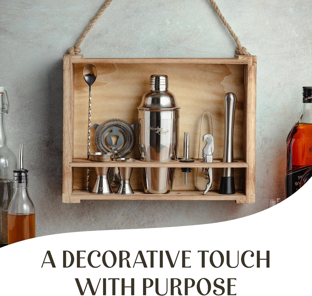 Rustic Cocktail Shaker Set - Includes Wood Stand, Complete Barware Kit with 24 Oz Shaker, Dual Jiggers, Pourers - Set of 11