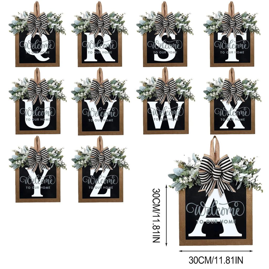 Last Name Year Round Front Door Wreath Front Porch Decoration 26 Letter Welcome Sign with Eucalyptus Garland and Bow