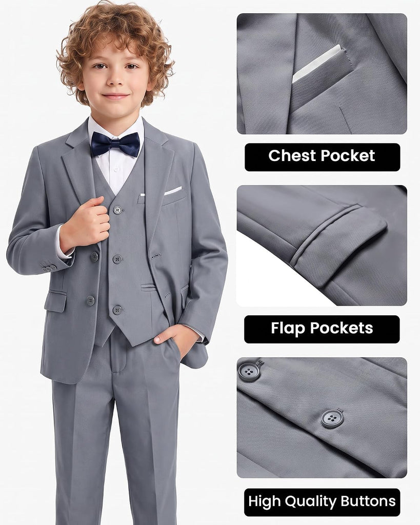 Boys Multiple Colour Formal Dress Suits 5 Piece Slim Fit Dresswear Suit Set with Kids Suspenders
