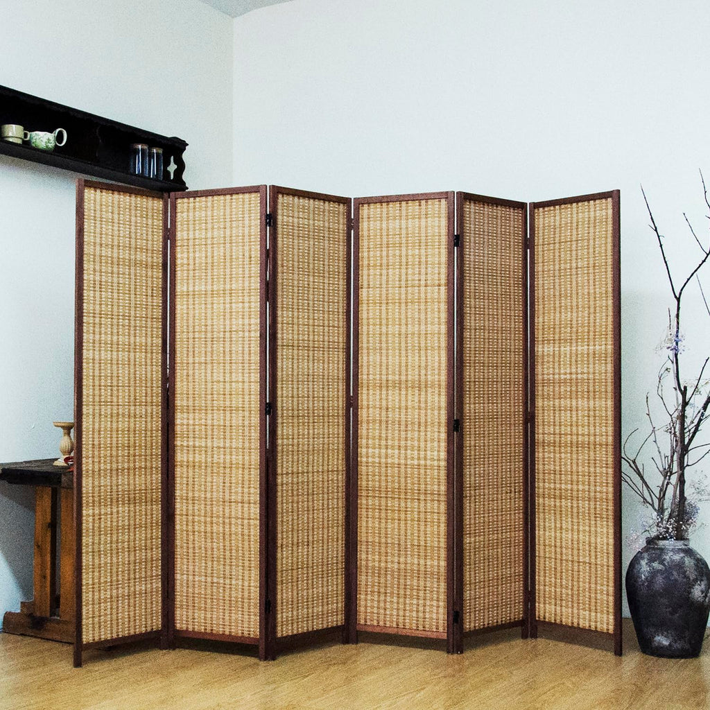 6 Panel Bamboo Room Divider - 5.6 ft Tall Brown Folding Privacy Screen, Double-Sided Freestanding Partition Wall with