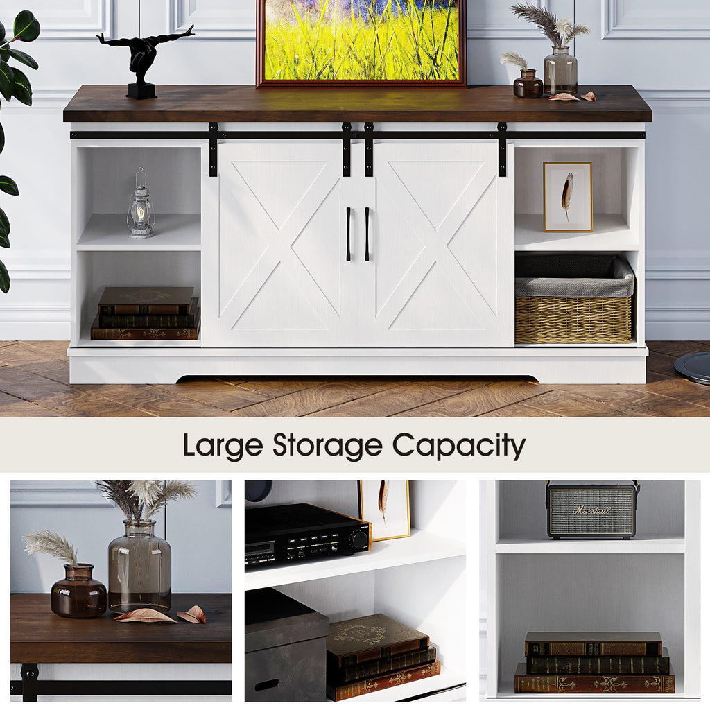 Farmhouse Tv Stand for 65 inch TVs, Entertainment Center with Sliding Barn Doors and Adjustable Shelf, Modern Storage