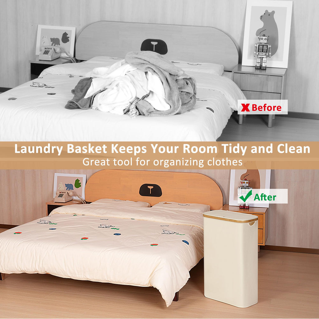 65L Slim Laundry Hamper, Narrow Laundry Basket with Lid,Foldable Clothes Hamper with Bamboo Handles,Hamper Basket