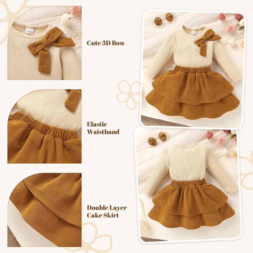 Toddler Girl Outfits Fall Winter Knit Bow Tops Cute Skirt Set