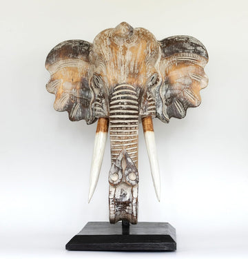 14" Exotic Handcrafted Wooden White Wash Elephant Mask Bust Statue on Stand Sculpture Home Decor Hand Carved Art