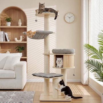 69'' Modern Cat Tree for Large Cats, Wood Cat Tree Tower with Scratching Posts, Multi-Level Cat Tree with Cozy