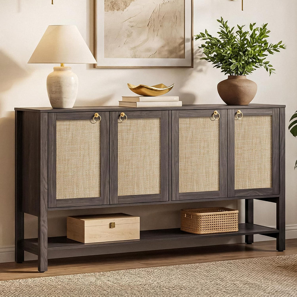 Sideboard Buffet Cabinet with Rattan Doors, 55" Boho Coffee Bar Cabinet with Open Shelf