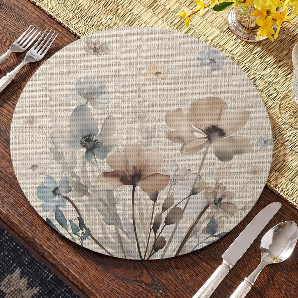Brown Poppy Floral Round Placemats, 14 Inch Washable Non-Slip Plastic Woven Plastic PVC Place Mats - Set of 4