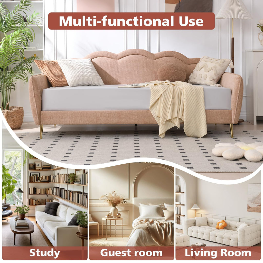 Twin Size Upholstered Daybed with Cloud-Shaped Backrest, Modern Linen Sofa Bed with Metal Legs, Wood Slat Support