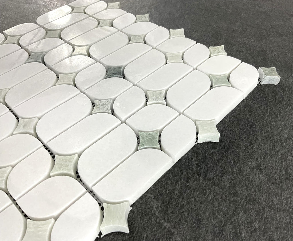 Thassos White Marble Mosaic Tile with Ming Green Accents - Polished Decorative Stone Tile Backsplash, Bathroom Wall &