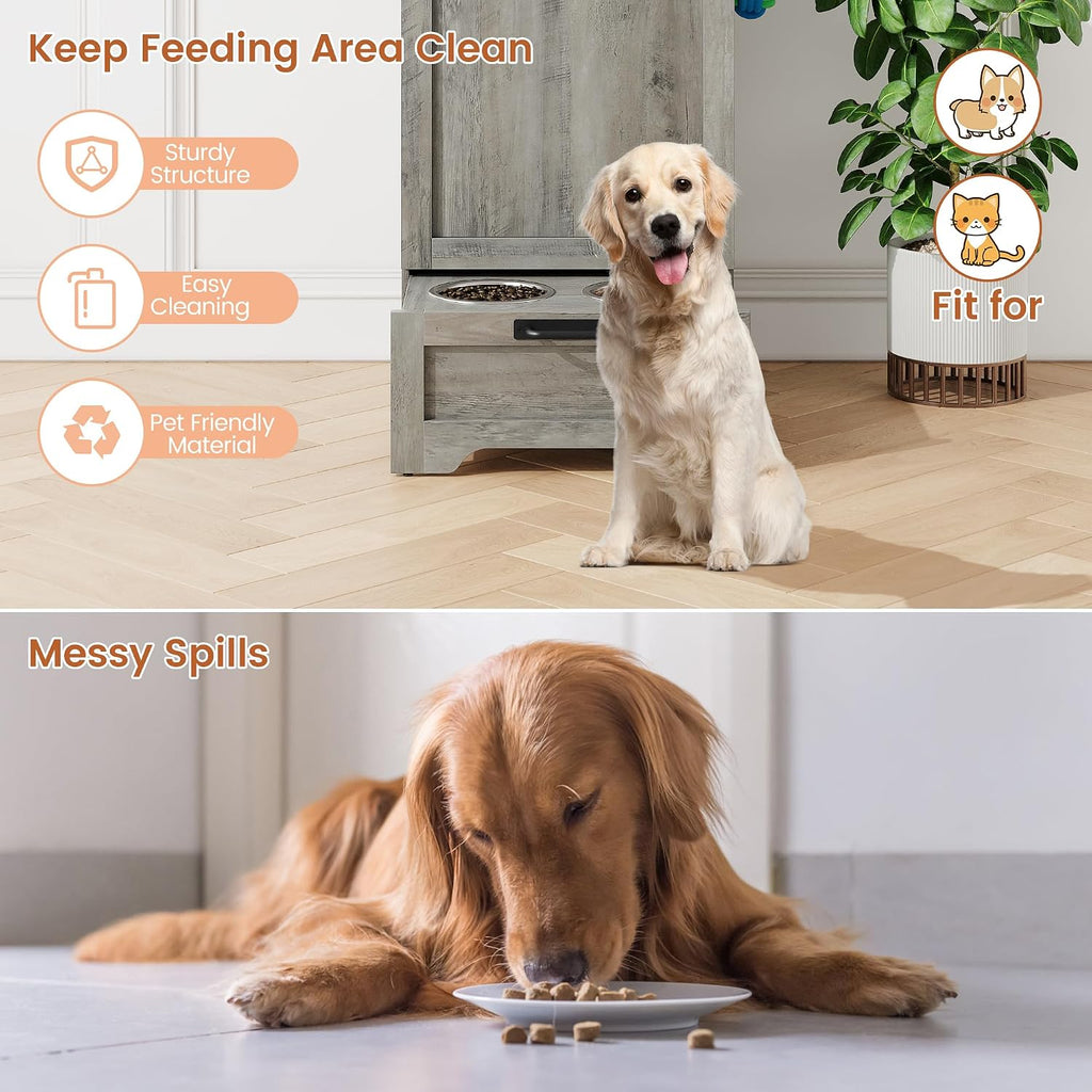 Dog Feeding Station with 2 Elevated Bowls, Grey