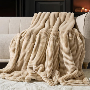 Faux Rabbit Fur Throw Blanket, 60''x80'', Beige | Ultra Soft, Luxury Sculpted Texture Faux Fur Blanket, Fluffy Thick