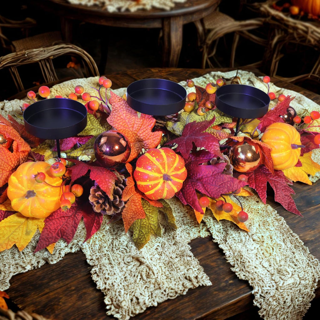 Fall Candle Holder Centerpiece for Table - Thanksgiving Table Decor with Pumpkins, Maple Leaves,Autumn Harvest - Set of 3