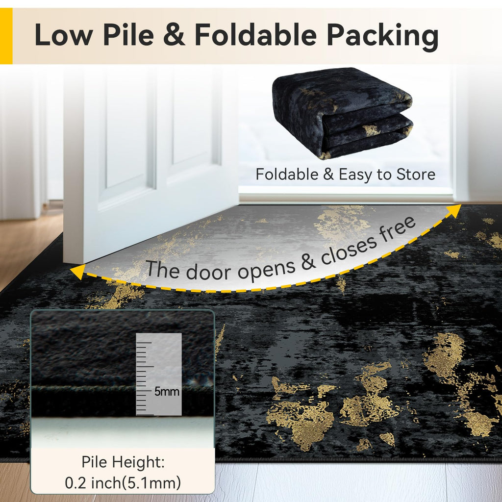 Washable 9'x12' Abstract Area Rug Black Gold