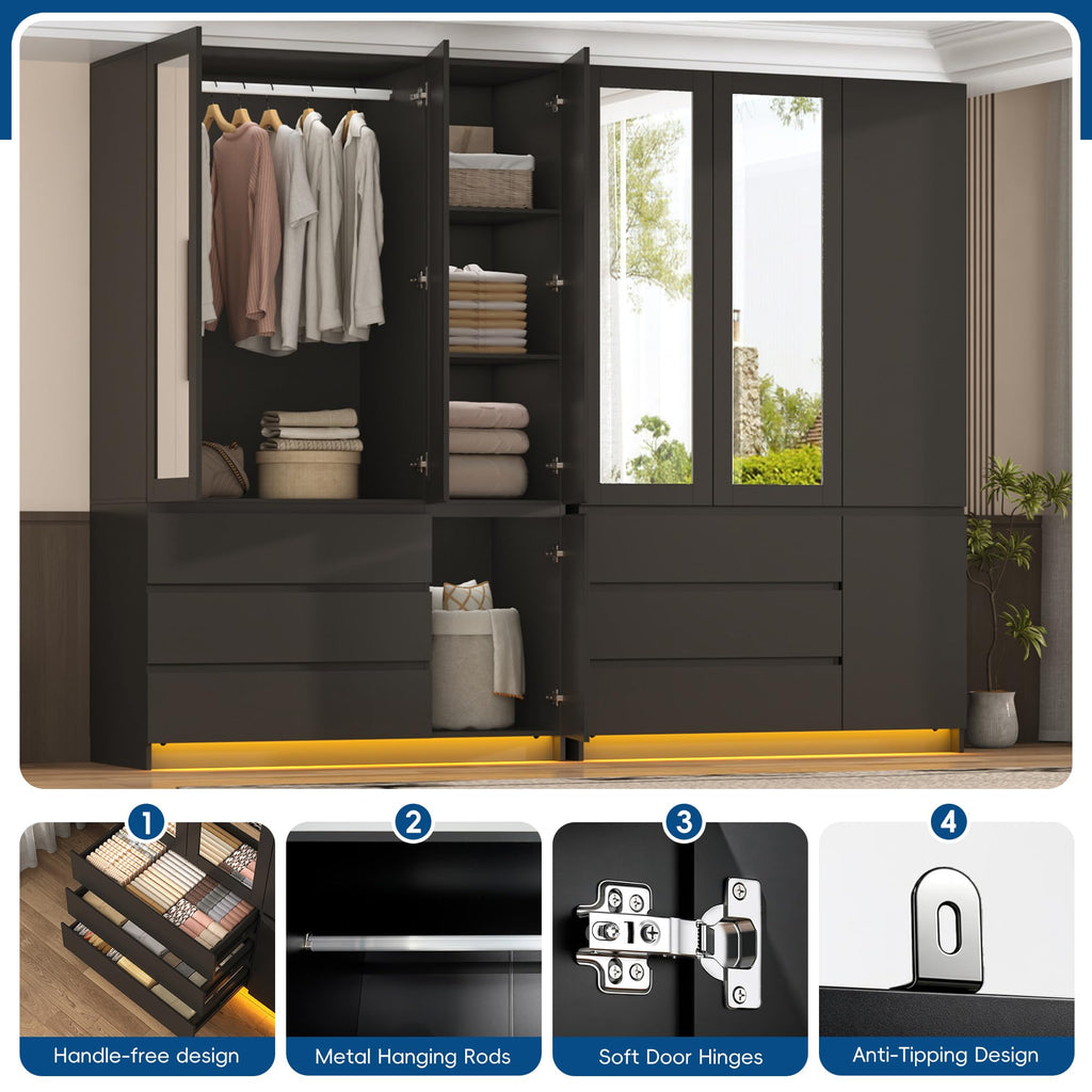 75" Tall Modern Wardrobe Closet with 2 Mirrors, LED Lights, 47"W Armoire Wardrobe Cabinet with 3 Drawers, Hanging