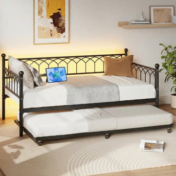 Twin Black Daybed with Trundle with Charging Station, Led Light