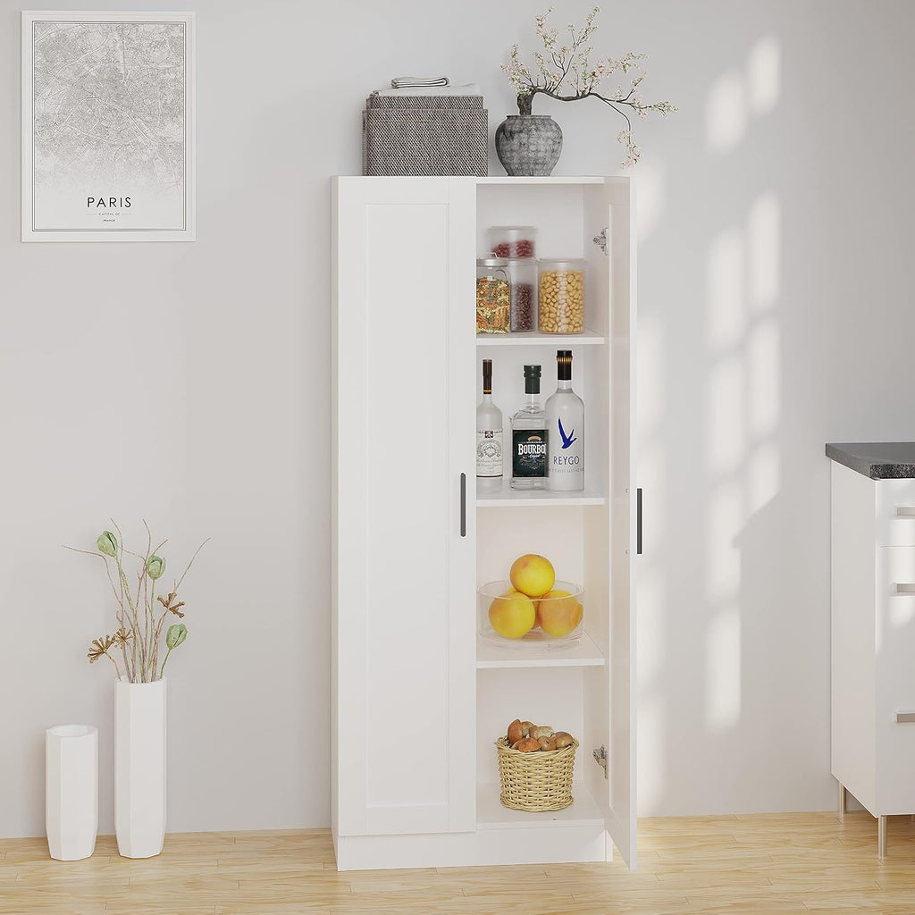 Wooden Storage Cabinet, Narrow Pantry Cabinets Free Standing Tall Storage Cabinet with 2 Doors and Shelves (White)