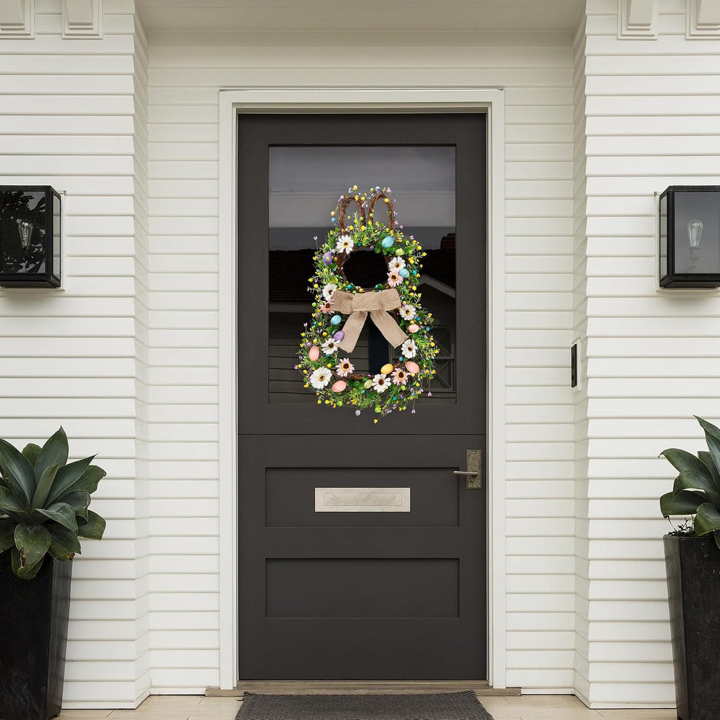 25 Inch Easter Bunny Shaped Artificial Flower Wreath with Colorful Berries Daisies Greenery Bow Knot for Front Door