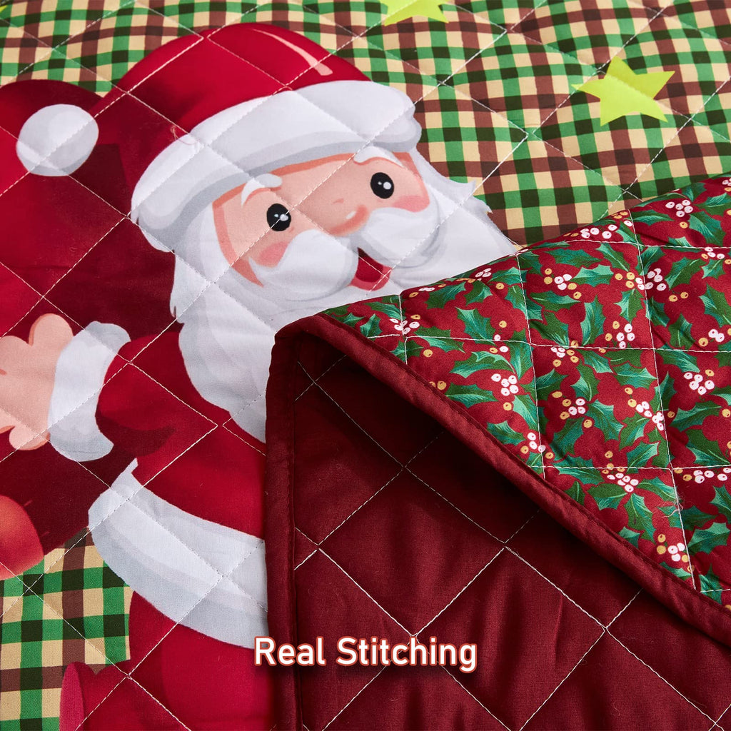 Christmas Oversized Bedspread King Size, Santa Claus Pattern Bedding Quilt, Rustic Lodge Plaid Patchwork Coverlet