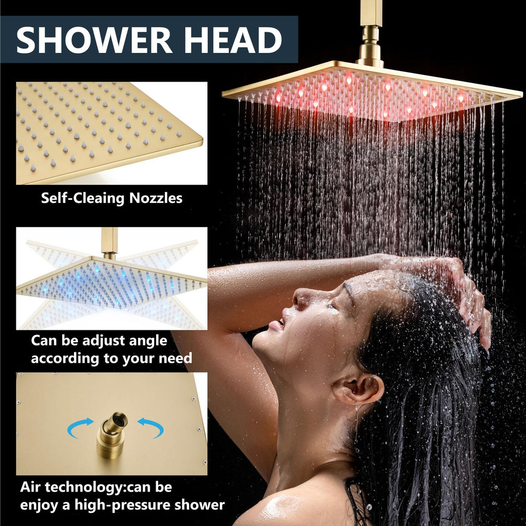 Ceiling Shower Faucet Set with Handheld 10" LED Head Brushed Gold