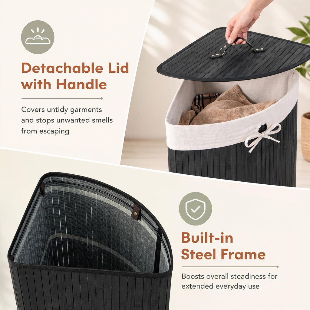 Corner Bamboo Laundry Hamper with Lid and Removable Liner, Washing Clothes Basket Storage Bin with Handle, Suitable