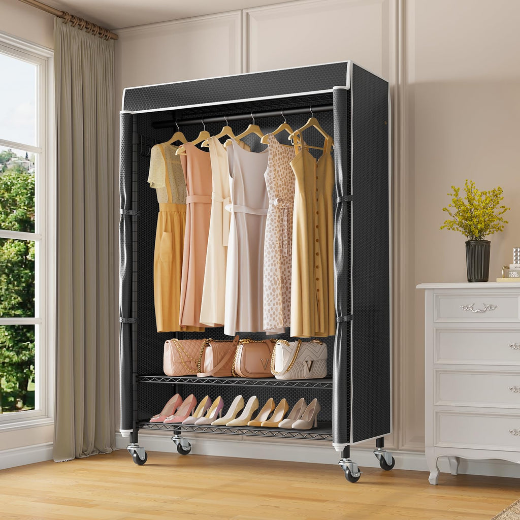 R3C Clothes Rack with Cover, Portable Closet Rolling Garment Rack