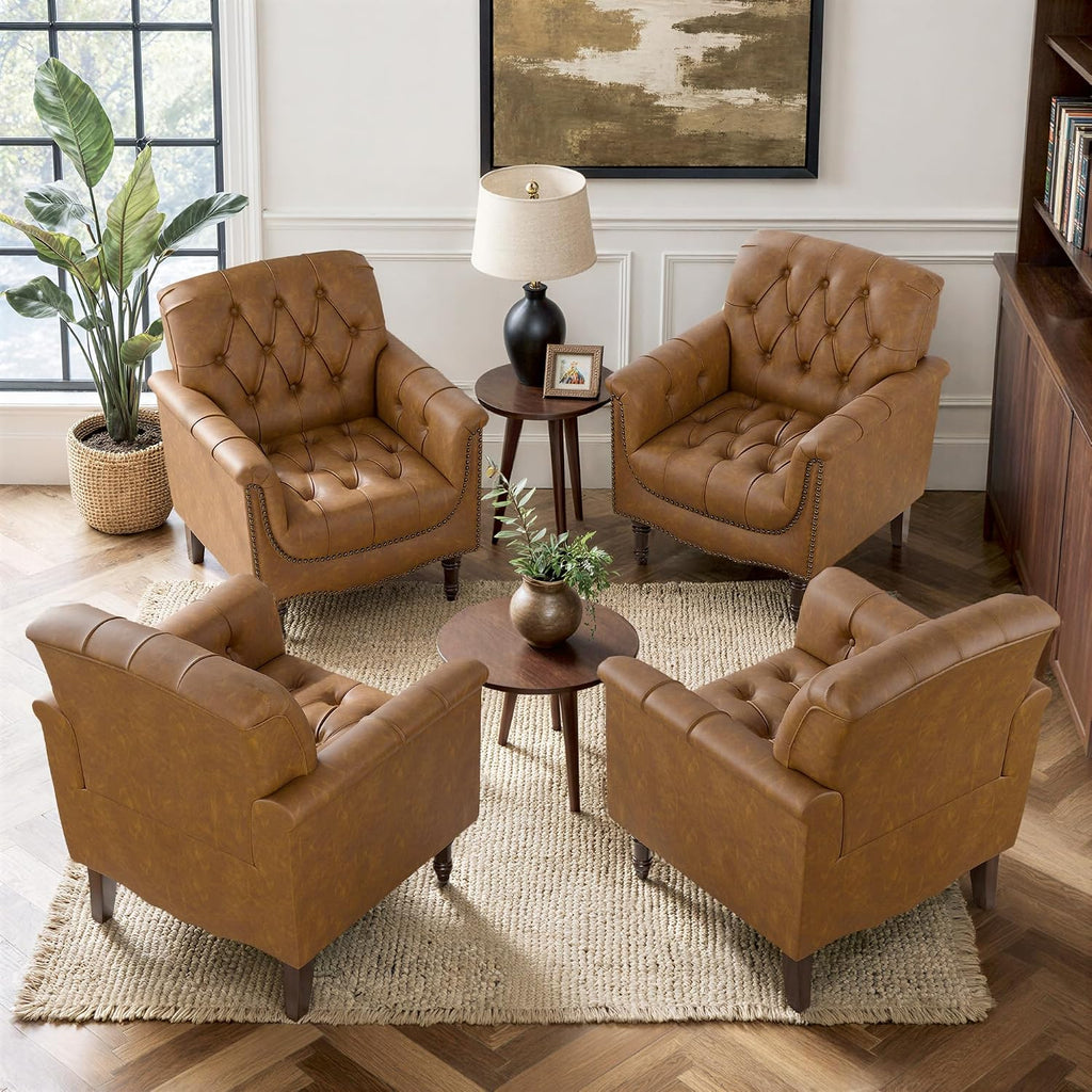 Faux Leather Accent Chairs, Comfy Club Armchair, Camel - Set of 2