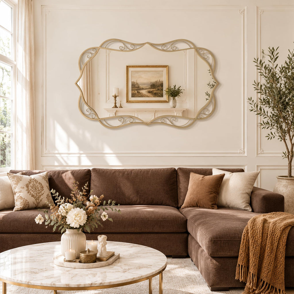 Vintage Brass Framed Mirror: 48"x30" Large Scalloped Wavy Mirrors