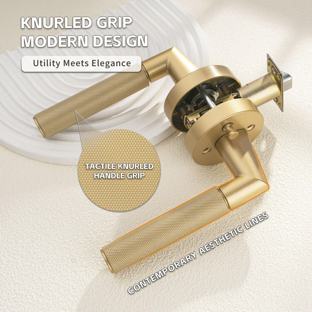 1 Pack Brushed Gold Knurled Interior Door Handle, Privacy Lock