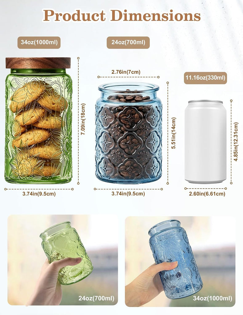 Glass Jar with Airtight Wood Lid - 34 OZ Kitchen Bathroom Pantry Canister, Decorative Vintage Storage Container - Set of 4