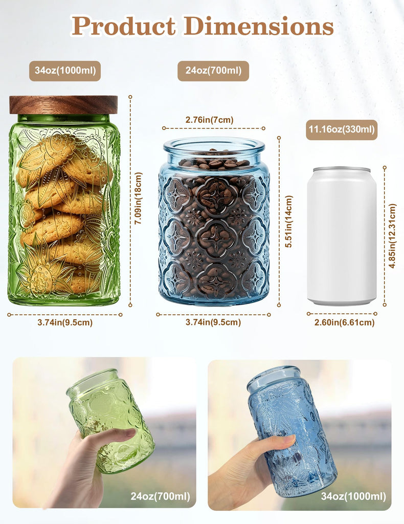 Glass Jars with Airtight Wood Lids - 4 PC 24 OZ Vintage Storage Canisters Set Pantry Bathroom, Decorative Beautiful
