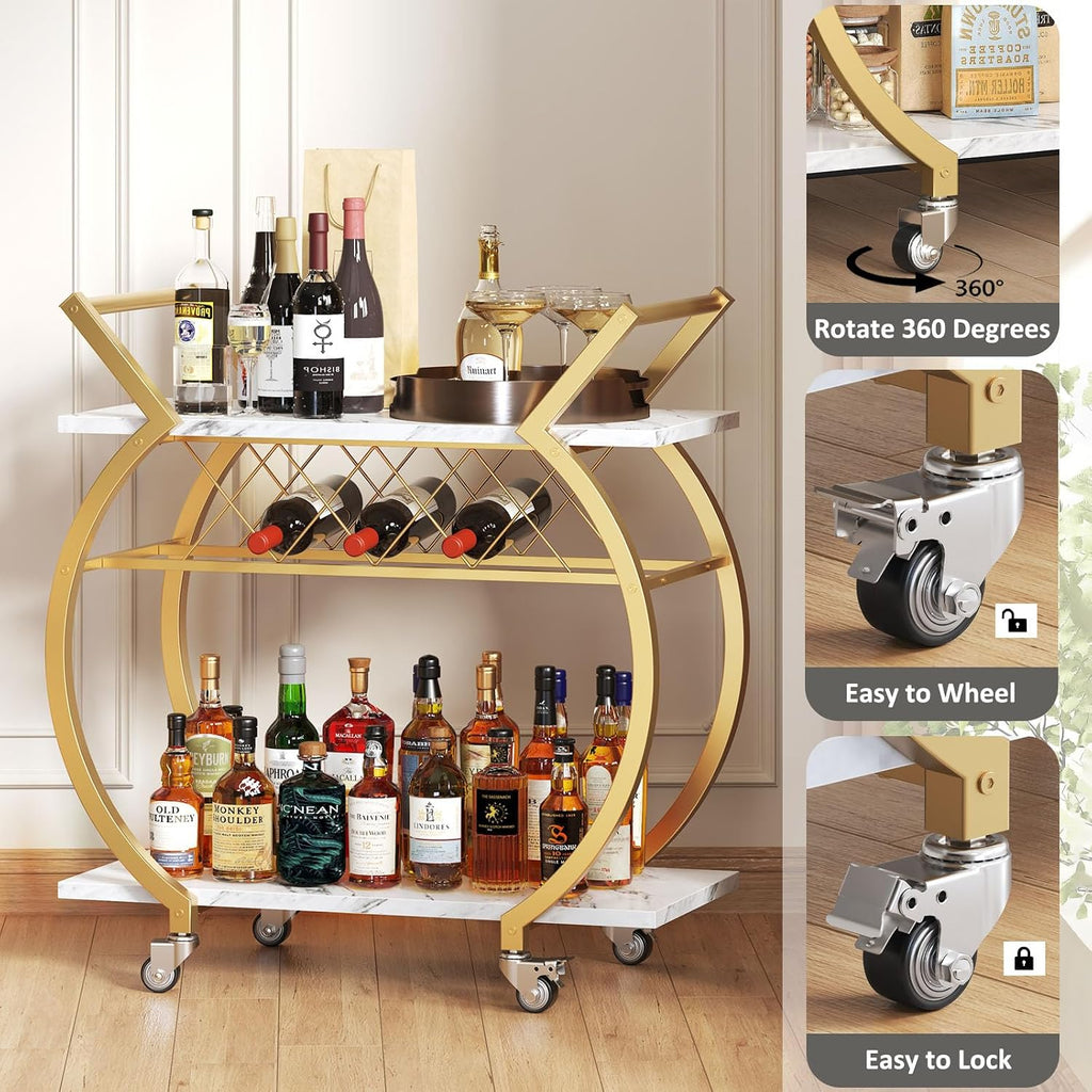 Gold Bar Cart with Wheels, Modern White Marble Home Bar Serving Cart | Drink Cart with Wine Rack, Metal Wooden
