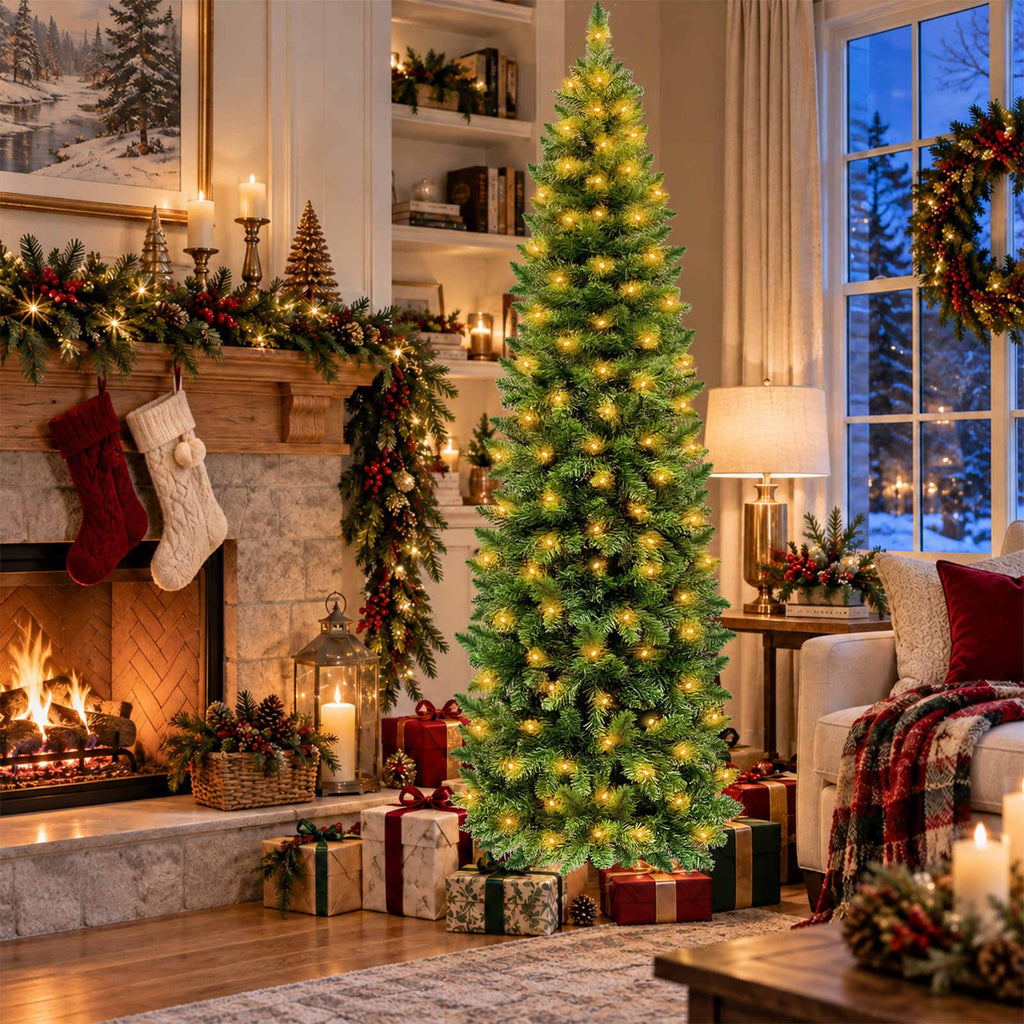 Dual Color Change 6.5 Ft Prelit Pencil Christmas Tree 8 Modes Timer Warm White & Multicolor Lights 826 Thick Branch