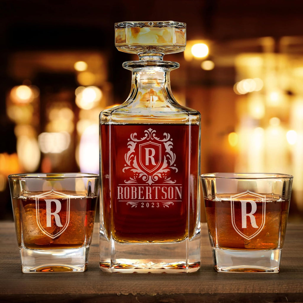 Personalized Whiskey Decanter Set - 5 Design Options - Custom Liquor 25 oz, 750ml Liquor Decanter w/Whiskey Glass Set