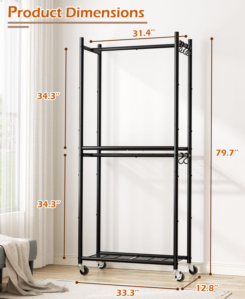 Clothes Rack, 79.7" Double-Tier Clothing Rack with Shelves&Wheels